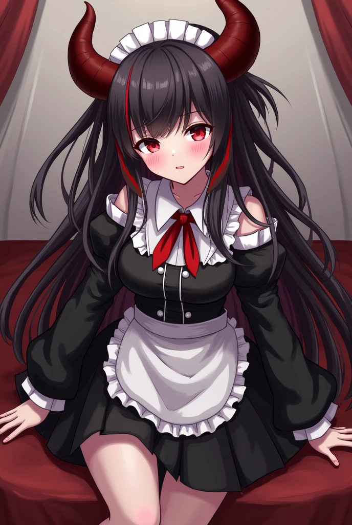 Tokisaki kurumi, date a live, different eye color, masterpiece, best quality, highres, nn1,1girl, long hair, sitting, bed, black night dress, looking into viewer, smile, blush ceek, sexy pose, hands behind, medium breast, breast out, black lace lingerie, open clothes, collarbone, breast out, close up, upperbody,