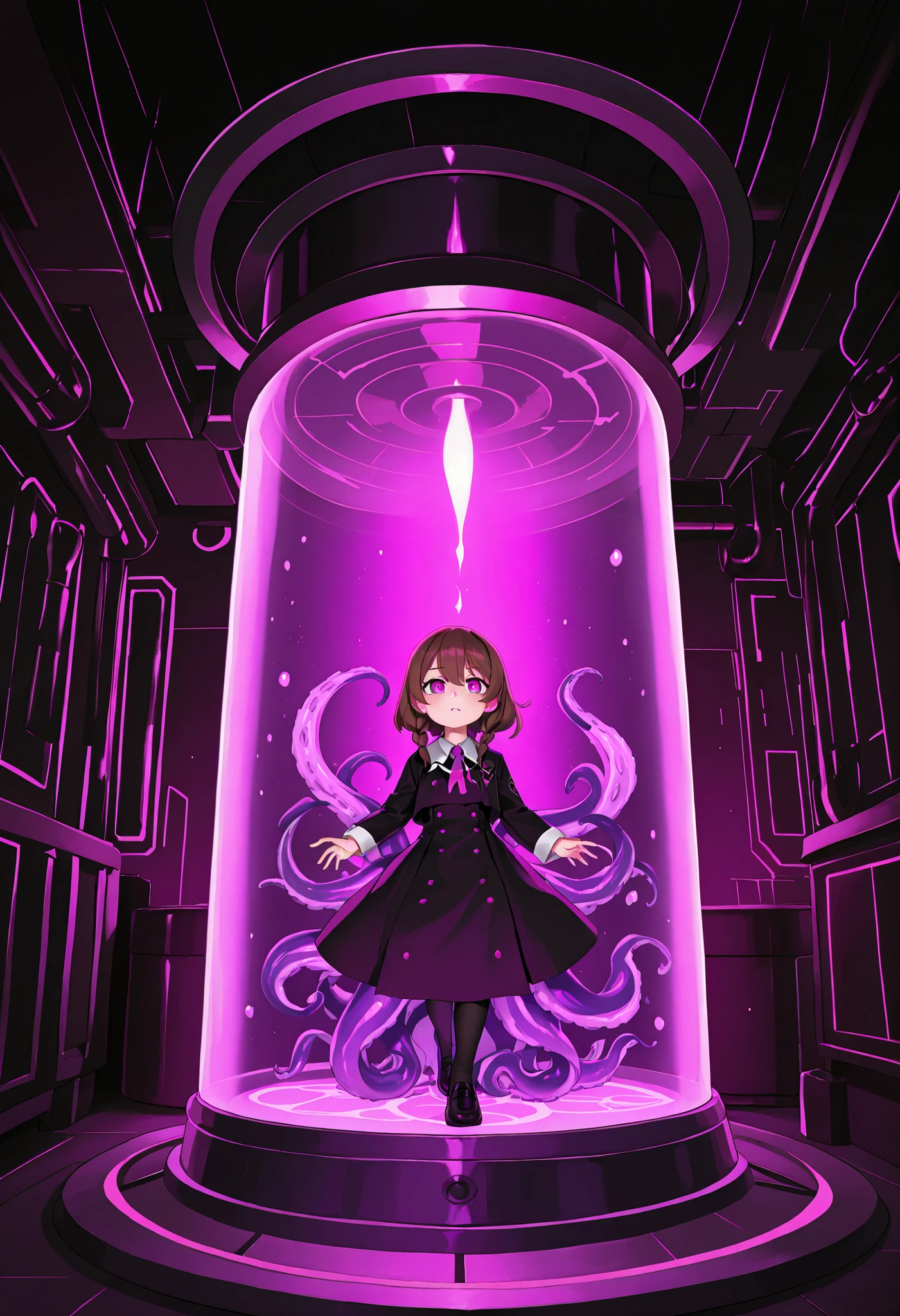 Girl in a culture tank. Girl with tentacles. Great Old One girl. Big girl. Cylindrical culture tank. Dark laboratory. Tank in the center of the room. Small researchers.