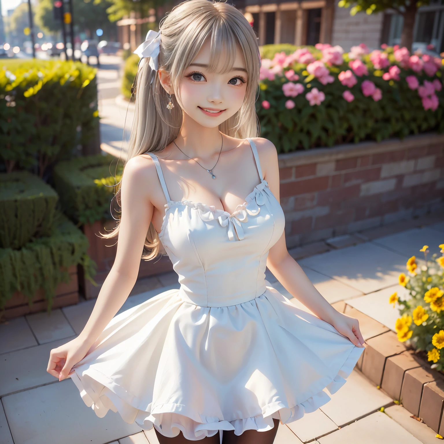 Masterpiece, top quality, high resolution, anatomically correct, ultra high definition. Park with flower garden. Blue sky. Beautiful lawn. One beautiful girl. She is a beautiful Japanese woman. (She is short and has a ish face). She has a well-developed face. She has big breasts and beautiful legs. She is the most beautiful girl in the world. She wears a hair ornament. She wears a necklace and earrings. (She has silver hair in twin-tails). ((She is wearing a princess dress with lots of frills and ribbons)). ((She is wearing pantyhose)). She is wearing white sandals. ((She is smiling and laughing)). (((She is dancing gracefully))).