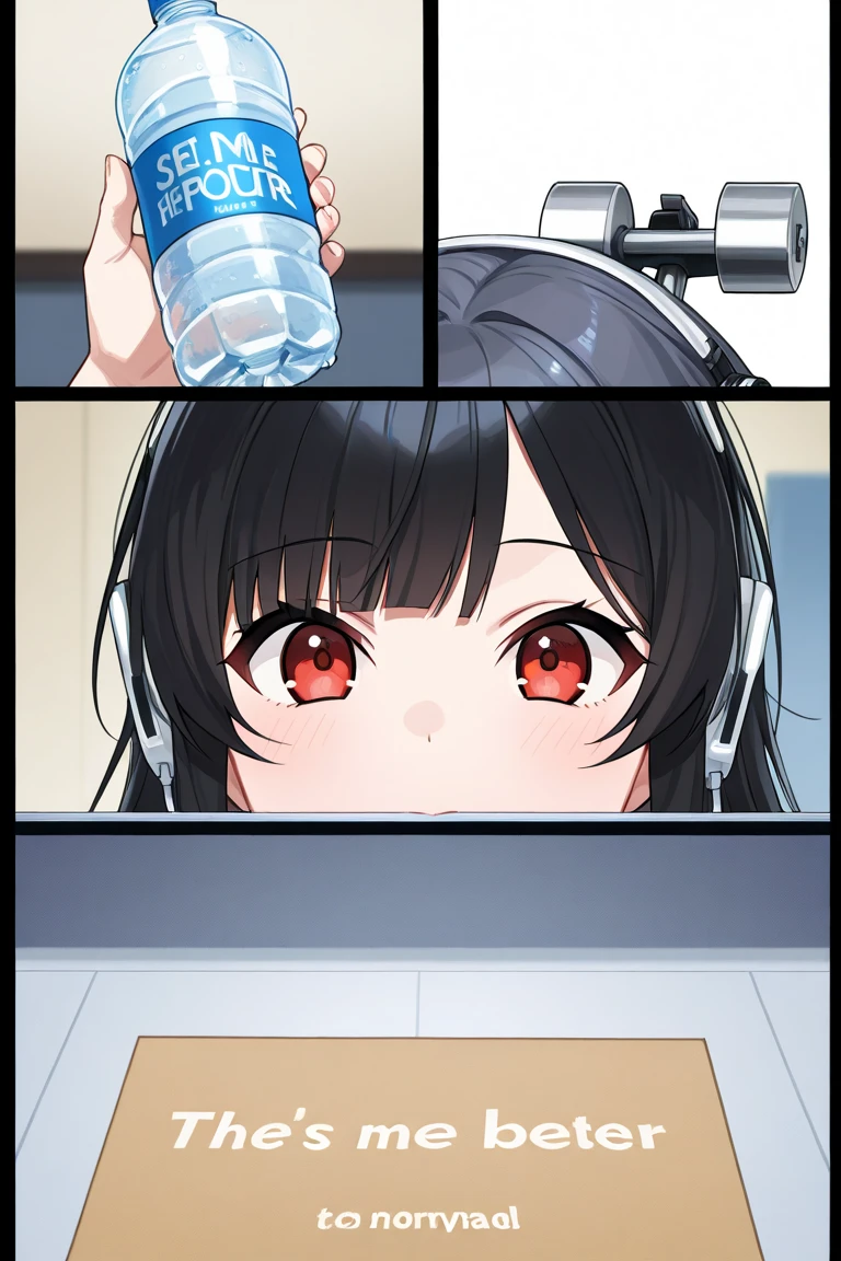 (Best quality, dynamic lighting, highly detailed, HDR, 8K) Brown haired young woman, mature, beautiful, bob hair, brown eyes, slim, small to medium breasts, white tanktop, licking popsicle, looking at camera innocently, comic panel showing multiple scenes and angles, bedroom background