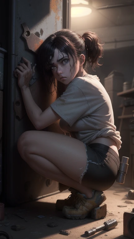 masterpiece, best_quality, 1girl, solo, beautiful military kneeling on her back on the battlefield tired, dirty, very dirty body, dirty with dust,with torn clothes, clothes in pieces, scraps of clothing, sweat, excessive sweat, sweaty body, drops of sweat by the body, hairy, hair appearing, hair showing, barefoot, sweaty feet, dirty soles, sweaty soles, pov feet,  black hair, back