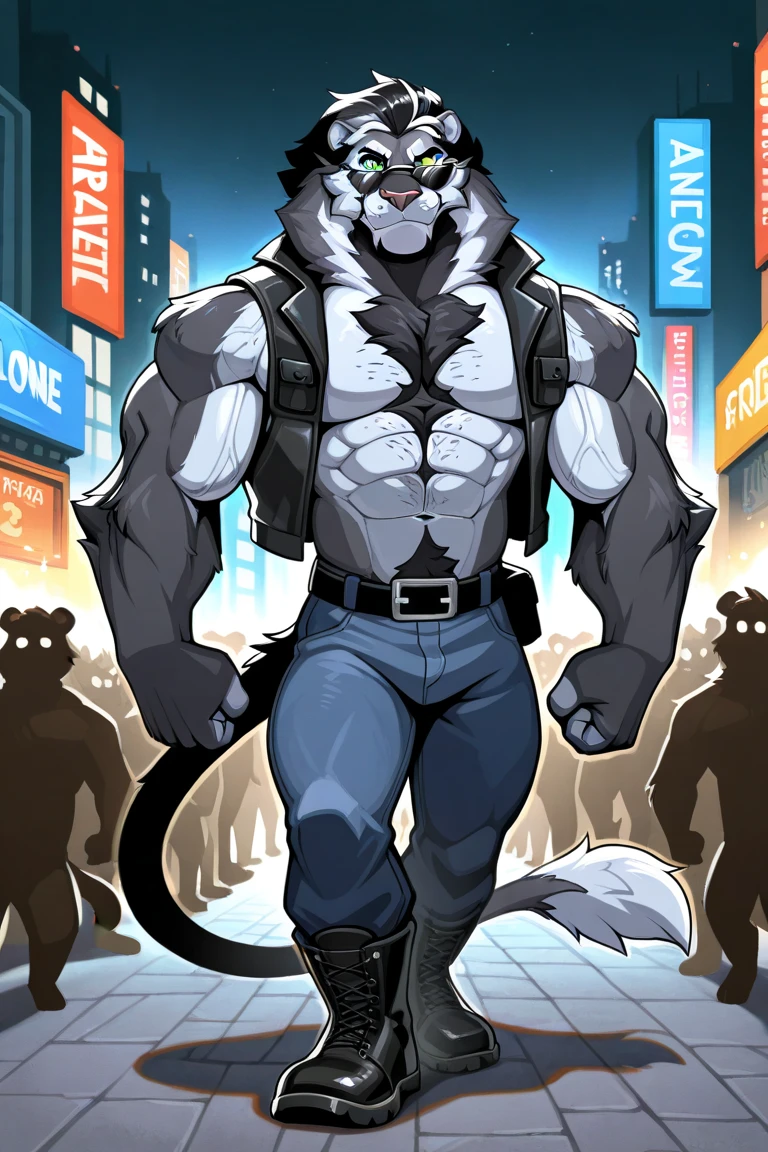 Border collie, Anthro, Furry, Wearing dark green Underwear, Slim, city And Night, his really Macro size his 80ft tall,