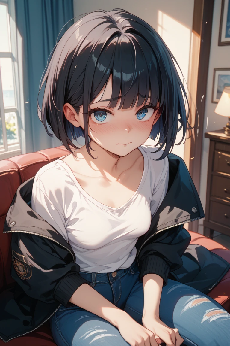 Cute Girls、knit、jeans、Attractive breasts、Short Bob、Housewife、Japanese