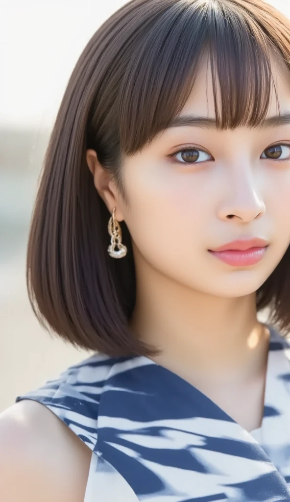 girl, White skin, ((Dark brown short tiered hair)), V cut with layers and bangs, Brown eyes, Soft atmosphere characteristics (Highest quality, Ultra-high resolution, 8k, RAW Photos, Ultra-high resolution: 1.2, masterpiece: 1.3), (Realistic, Realistic: 1.37), Very detailed, Professional Lighting, Photon Mapping, Radio City, 物理ベースレンダring, 一人のgirl, (high school ), Sharp focus:1.2、Beautiful woman:1.4,cute, Nice, Adorable smile, Normal chest, Cross Necklace、Earrings、ring,(Cleavage)、Selfie, Wearing a white T-shirt, Relaxed pose on the beach, Sunset Beach