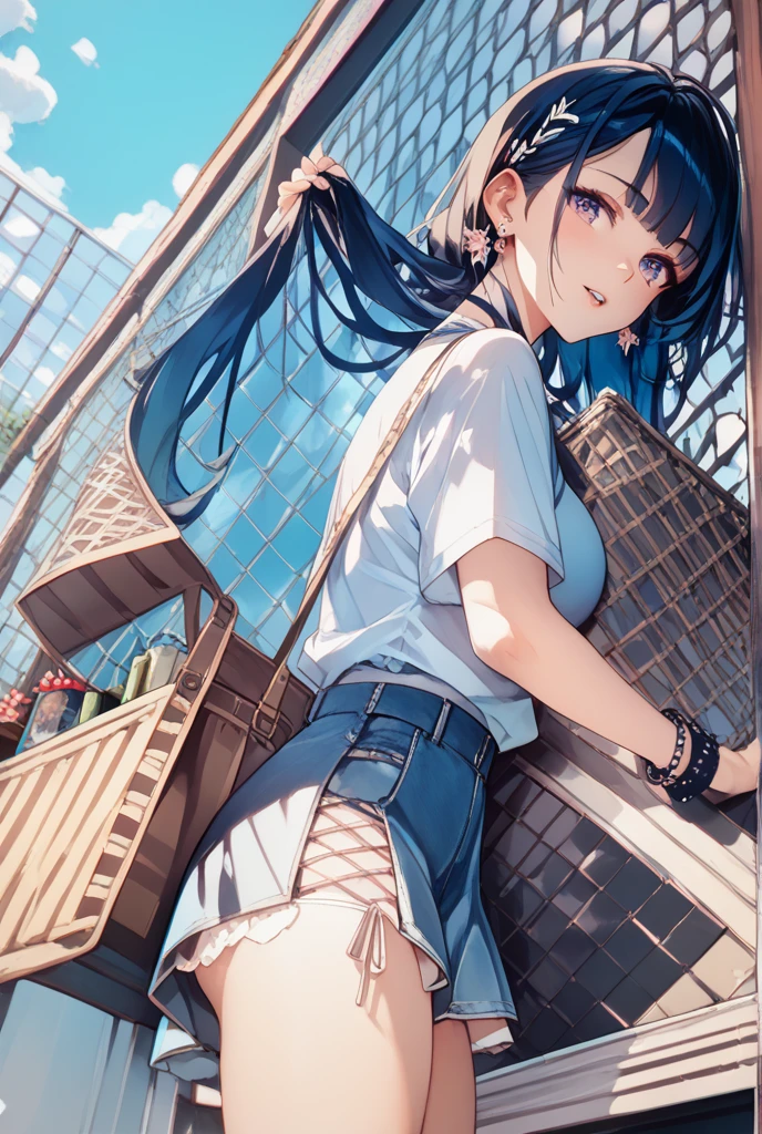 1girl, (solo:1.2), ((masterpiece)), (shadow), [slim], (small breasts), ((sharp focus)), pale skin, ((detailed eyes)), (blurry background), long hair, city, naked (jeans overall), armpits, bare shoulders, bare arms, collarbone, sleeveless, standing, leaning, smiling, cheerful, messy hair