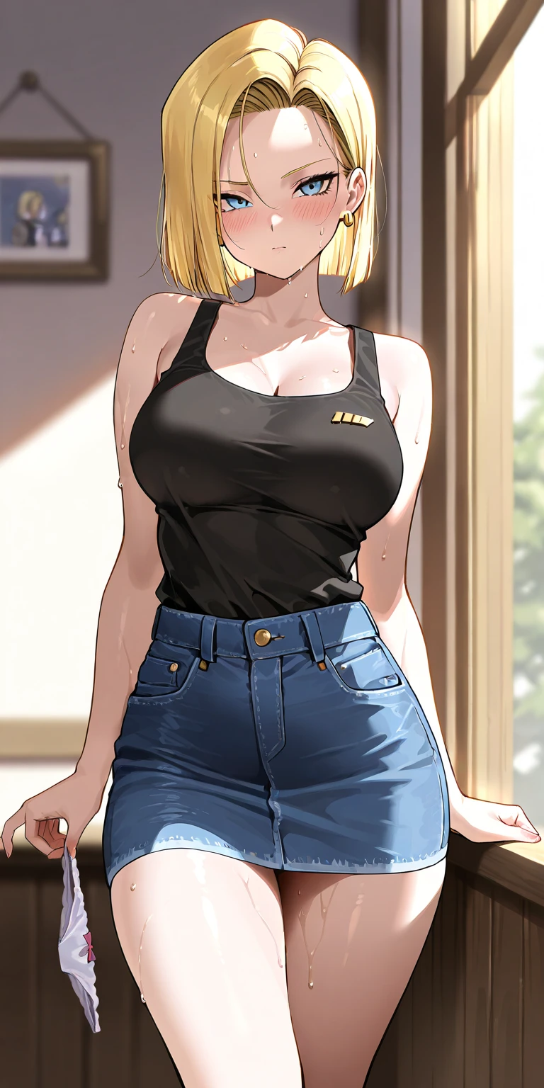 Beautiful young woman is looking at the viewer,1girl,short black hair,beautiful light brown eyes,sexy black open belly shirt ,sexy black and blue pants,big breasts,sexy thighs,sexy pose,cute hip,light serious face,white background,anime,masterpiece,8k,very high quality,standing pose