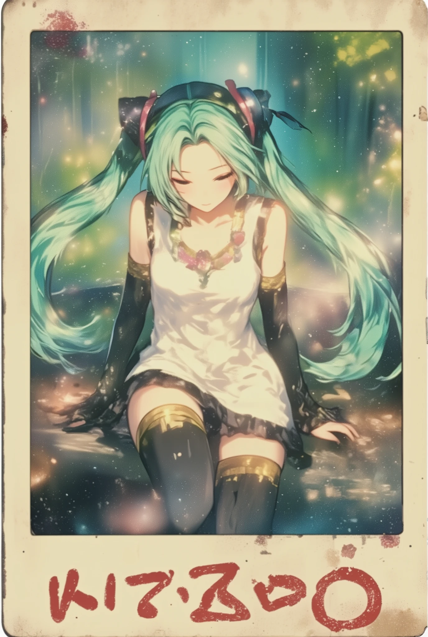 ( masterpiece、 best quality、 best quality、Official Art、 beautiful and beautiful :1.2) Hatsune Miku、light green twin tails, beautiful breasts, "1970's Polaroid photo, Heavy film grain, magenta and yellow light leaks, and chemically induced color changes. emulsion deterioration and fingerprint stains on the edges, Subtle motion blur with old camera mechanism, and flash over exposing the person in the center.",Old Photos 、vintage snapshot, , sepia, , Photographic Reality,(Old Photos、monochrome、collage art、 Photo Frame、crop、Exquisite picture )、