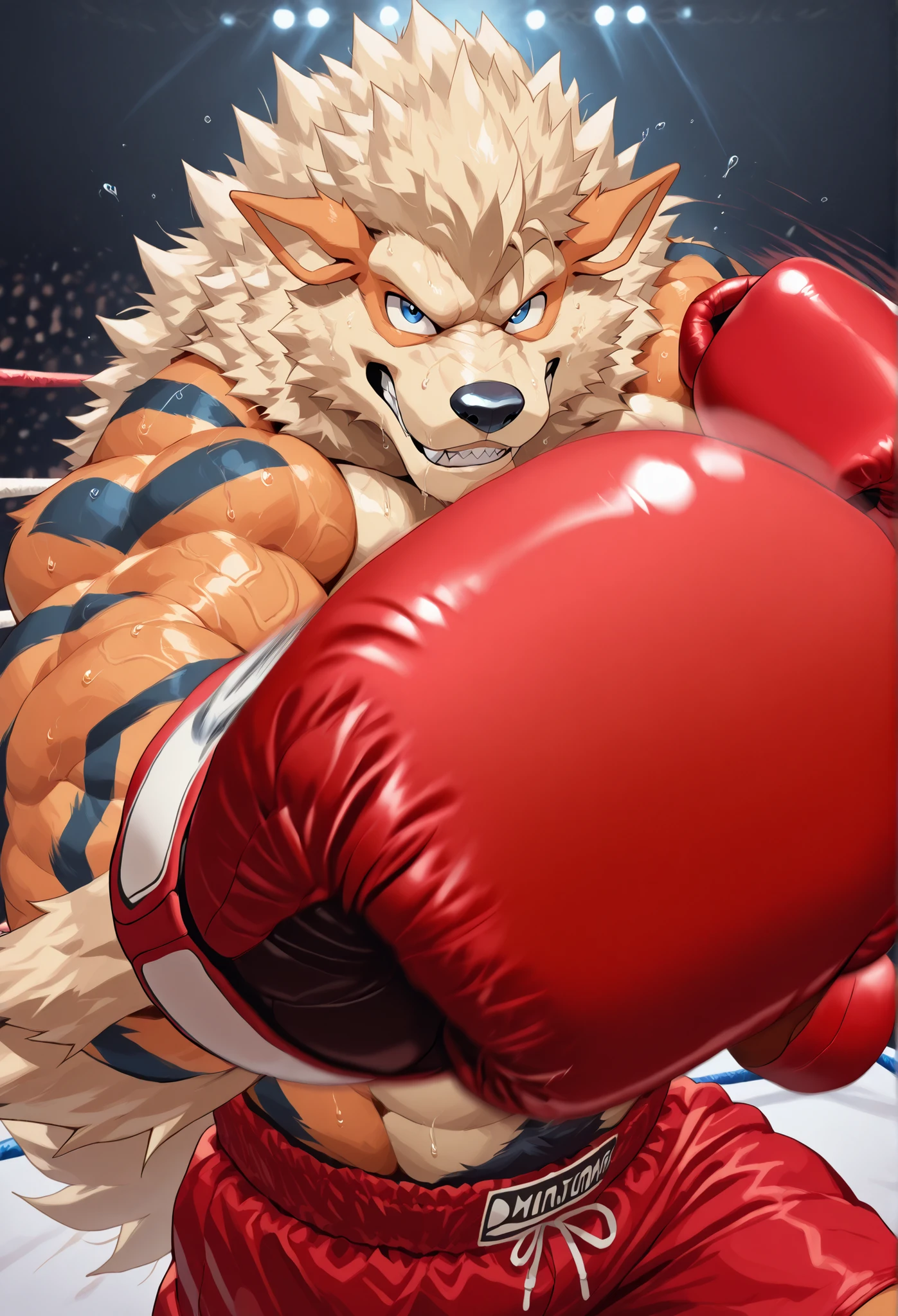 zPDXL3, pov_boxing, mercilessly punching_the_viewer, foreshortening, motion blur, red boxing gloves, red boxing trunks, depth of field, extreme perspective, closeup, action shot, boxing, dynamic punching pose, motion lines, impact lines, relentlessly barrage of powerful punching the viewer, chopped head, boxing ring background, Arcanine heavywait boxing champion, furry male, heavy muscular, veiny muscles, looking at viewer, furious expression, brutal eyes, large pectorals, sweaty body,