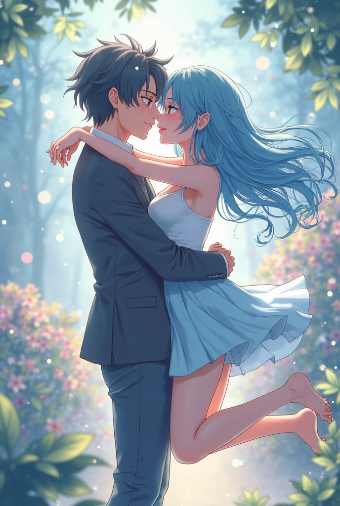 Create anime girl with big boobs . She has to sit on her naked anime boyfriend