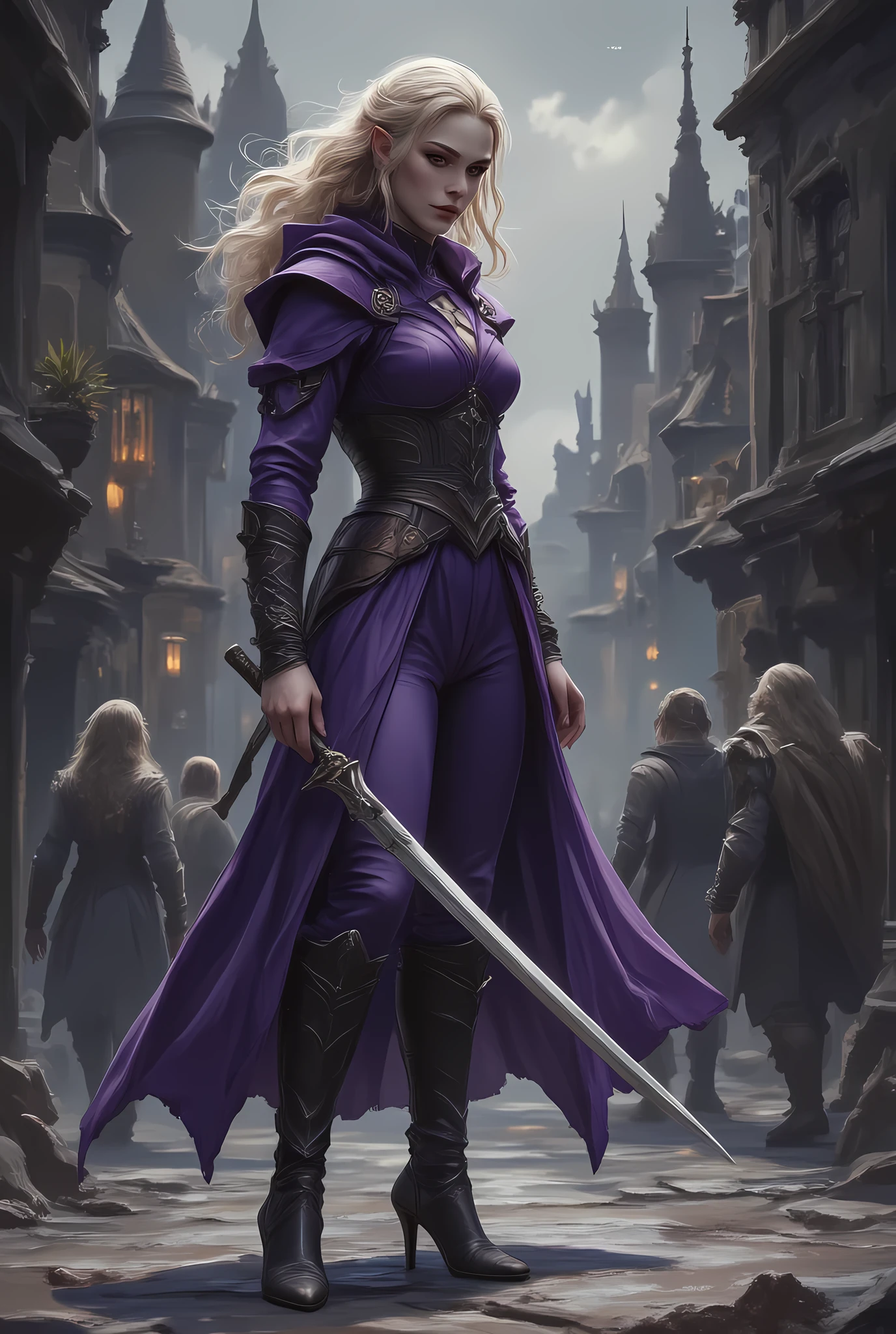 a black and white 1940s pin up snapshot picture of a female elf, ((only colors are black and white, and purple: 1.5) fantasy swashbuckler, fantasy fencer, armed with a slim sword, metallic shine, full body, epic beautiful female elf, blond hair, wavy hair, bilowing hair, small pointed ears, wearing purple cloak, long cloak, wearing elven leather shirt, small cleavage, wearing silk pants, wearing high heels boots, sense of daring, sense of adventure fantasy street, high details, best quality, 16k, [ultra detailed], masterpiece, best quality, (extremely detailed), dynamic angle, ultra wide shot, photorealistic, RAW, fantasy art, realistic art,((best quality)), ((masterpiece)), (detailed), perfect face, fantasy,