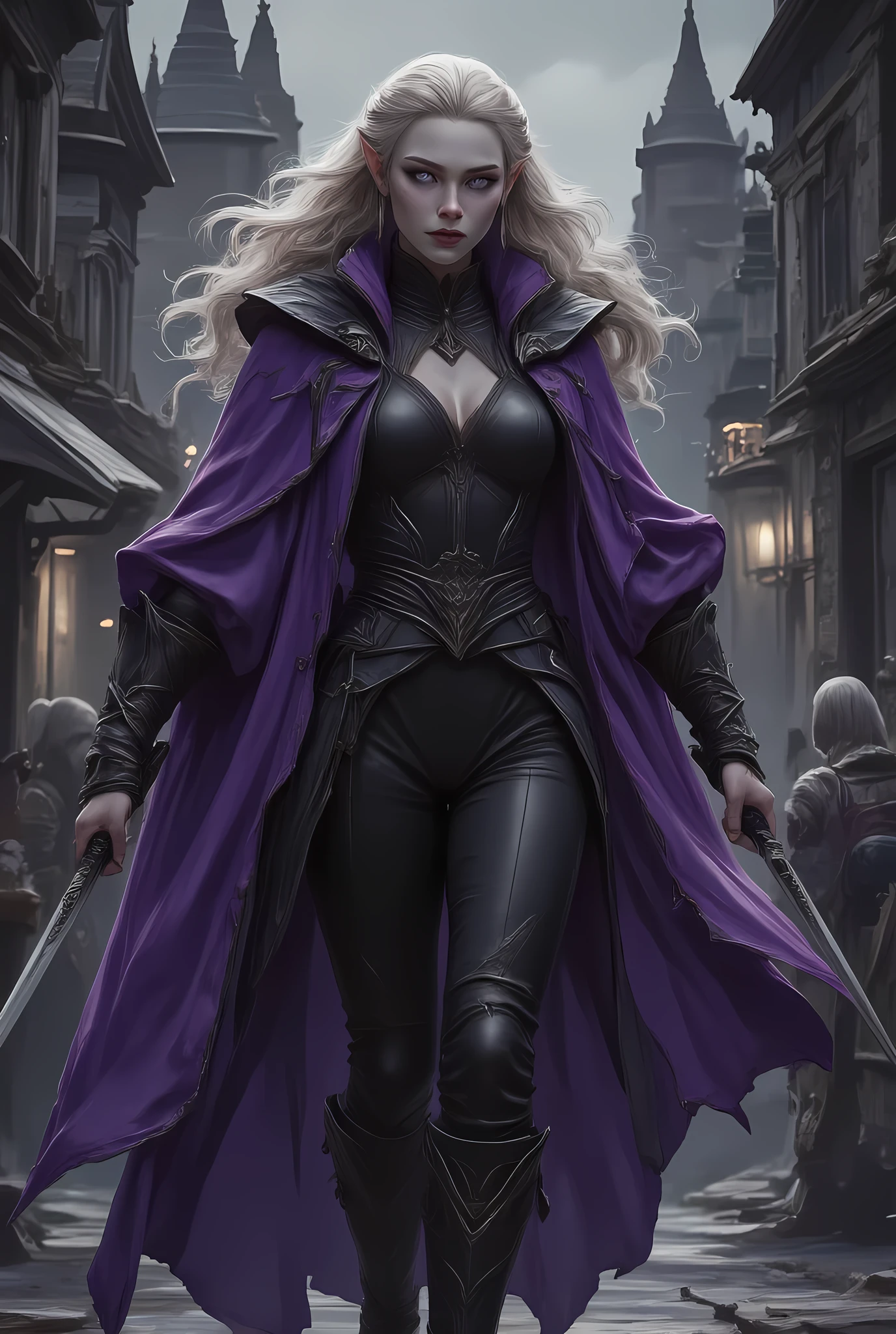 a black and white 1940s pin up snapshot picture of a female elf, ((only colors are black and white, and purple: 1.5) fantasy swashbuckler, fantasy fencer, armed with a slim sword, metallic shine, full body, epic beautiful female elf, blond hair, wavy hair, bilowing hair, small pointed ears, wearing purple cloak, long cloak, wearing elven leather shirt, small cleavage, wearing silk pants, wearing high heels boots, sense of daring, sense of adventure fantasy street, high details, best quality, 16k, [ultra detailed], masterpiece, best quality, (extremely detailed), dynamic angle, ultra wide shot, photorealistic, RAW, fantasy art, realistic art,((best quality)), ((masterpiece)), (detailed), perfect face, fantasy,