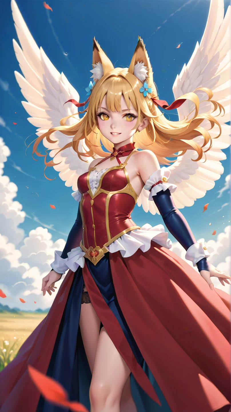 (upper body:1.3),smile,blush,(spread legs:1.3),(legs up),(cameltoe:1.3),chibi,slender,smile,aanina, blonde hair, short hair, floating hair, hairband, green eyes, feathered wings, white wings, armor, red leotard, red shirt, belt, elbow gloves, white gloves, bandages, thighhighs,solo,top-quality,Top image quality,perfect anatomy,masterpiece,ultra-detailliert,Beautiful、ultra-quality, best quality,high resolution, ultra-detailed,game cg,dutch angle ,beautiful detailed eyes, visualart,five fingers, perfect hands,