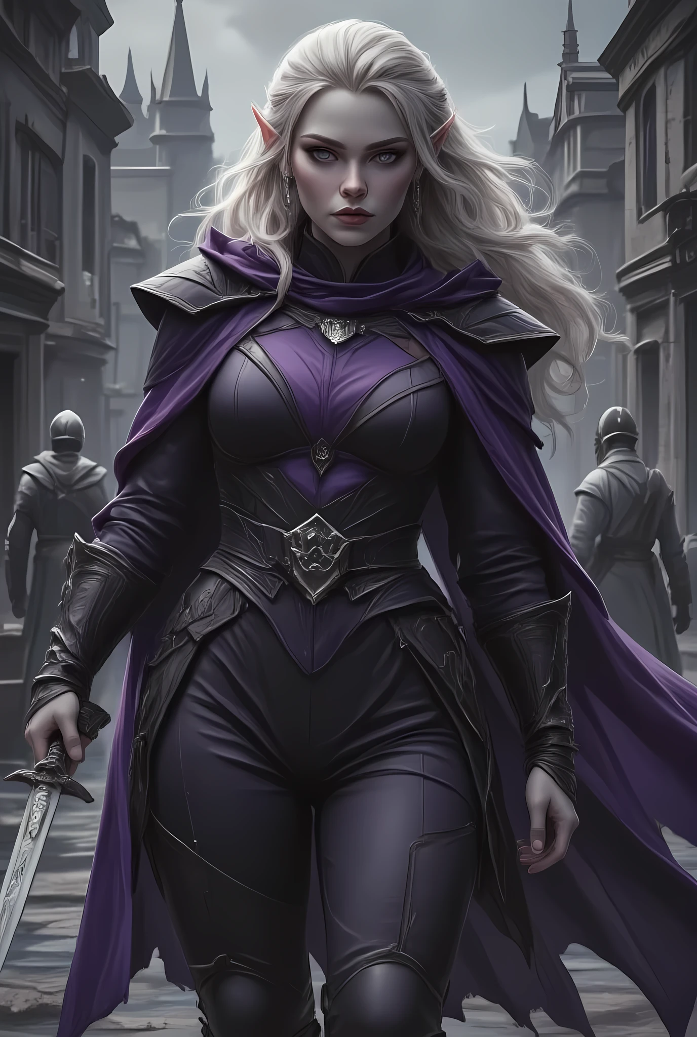 a black and white 1940s pin up snapshot picture of a female elf, ((only colors are black and white, and purple: 1.5) fantasy swashbuckler, fantasy fencer, armed with a slim sword, metallic shine, full body, epic beautiful female elf, blond hair, wavy hair, bilowing hair, small pointed ears, wearing purple cloak, long cloak, wearing elven leather shirt, small cleavage, wearing silk pants, wearing high heels boots, sense of daring, sense of adventure fantasy street, high details, best quality, 16k, [ultra detailed], masterpiece, best quality, (extremely detailed), dynamic angle, ultra wide shot, photorealistic, RAW, fantasy art, realistic art,((best quality)), ((masterpiece)), (detailed), perfect face, fantasy,