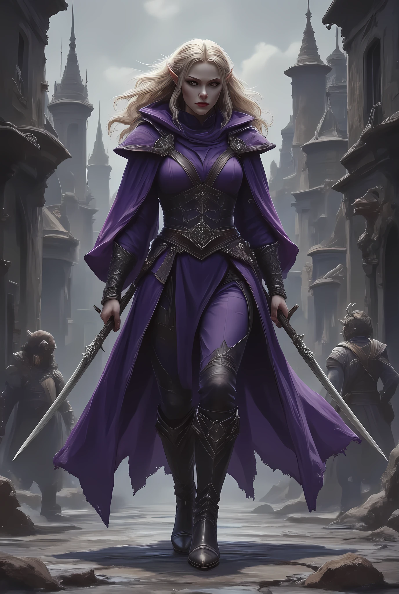 a black and white 1940s pin up snapshot picture of a female elf, ((only colors are black and white, and purple: 1.5) fantasy swashbuckler, fantasy fencer, armed with a slim sword, metallic shine, full body, epic beautiful female elf, blond hair, wavy hair, bilowing hair, small pointed ears, wearing purple cloak, long cloak, wearing elven leather shirt, small cleavage, wearing silk pants, wearing high heels boots, sense of daring, sense of adventure fantasy street, high details, best quality, 16k, [ultra detailed], masterpiece, best quality, (extremely detailed), dynamic angle, ultra wide shot, photorealistic, RAW, fantasy art, realistic art,((best quality)), ((masterpiece)), (detailed), perfect face, fantasy,