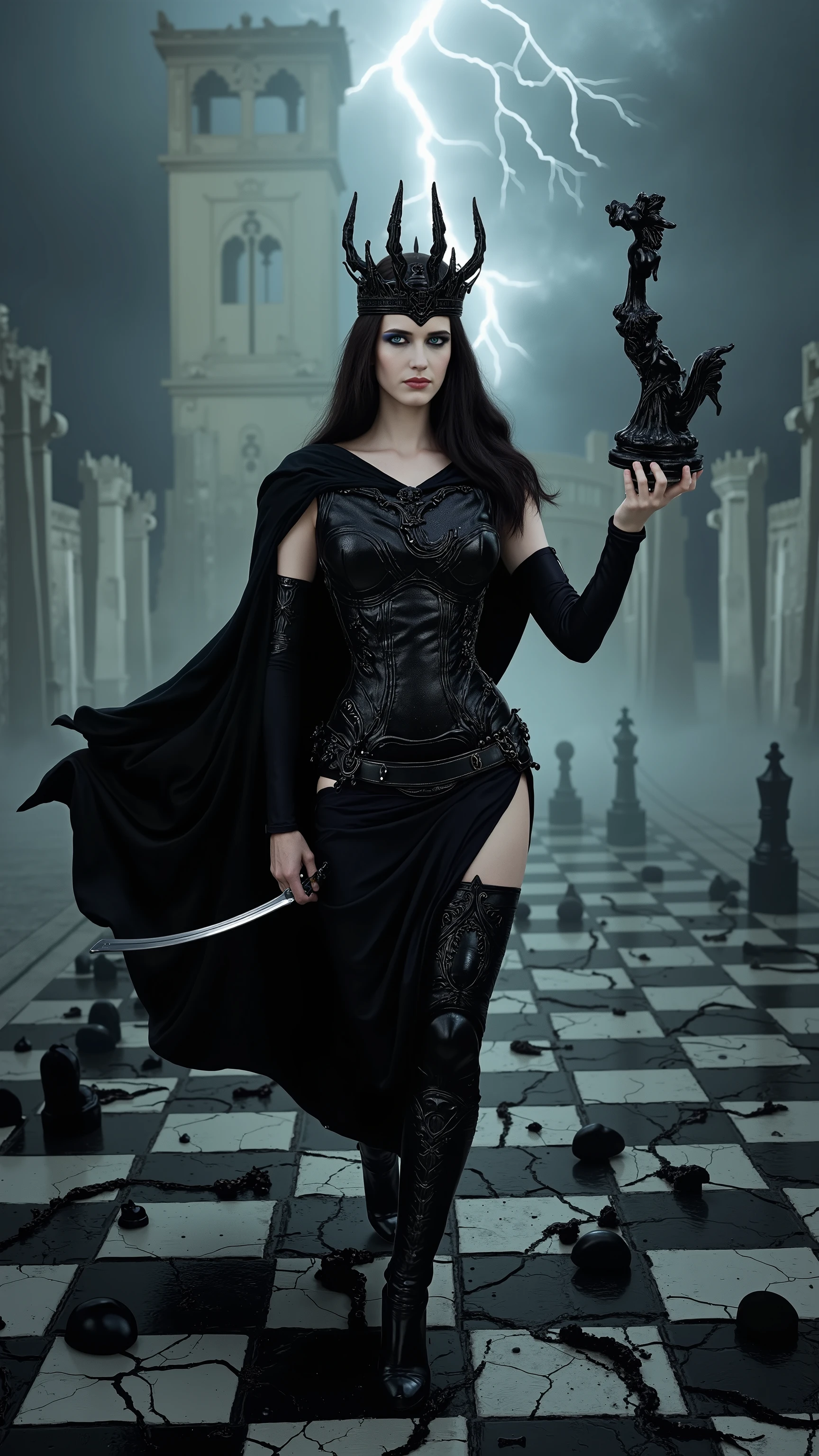Eva Green reimagined as the living embodiment of the black chess queen, walking forward across a fractured chessboard of shadowed marble, 1 female,  
Long raven-black hair cascading over her shoulders, icy emerald eyes that pierce through darkness. Upon her head rests a sharp obsidian crown shaped like rising thorns and black diamonds. Her armor is sculpted from deep black steel, smooth and form-fitting, engraved with arcane chess sigils and delicate patterns of control and sacrifice. A flowing dark velvet cape trails behind her, etched with silver threads in ancient, whispering runes.  
She holds a curved black scythe-like blade in one hand, and her free hand gently levitates a floating chess piece—an enchanted queen forged from onyx and flame. Her movement is silent, graceful, and deadly—she is a queen of prophecy and punishment.  
Shows her full figure, elegant and tall, powerful feminine anatomy, perfect face, no helmet, full body, pale skin, mesmerizing royal presence.  

The background reveals a shattered black-and-white marble chessboard battlefield under swirling storm clouds. Broken white pieces lie scattered across cracked tiles. Dark banners flutter violently in the wind. Distant ruined towers stand half-sunken in shadow, as lightning flashes across the sky, casting sharp, moody highlights. Fog coils low across the ground, pulsing with tension.

, photorealistic, masterpiece, realistic, high contrast, cinematic lighting, 8k, HD, high definition detailed, detailed, hyper detailed, realistic skin texture, best quality, ultra high resolution, hyper realistic, no text, very detailed eyes, dramatic lighting
