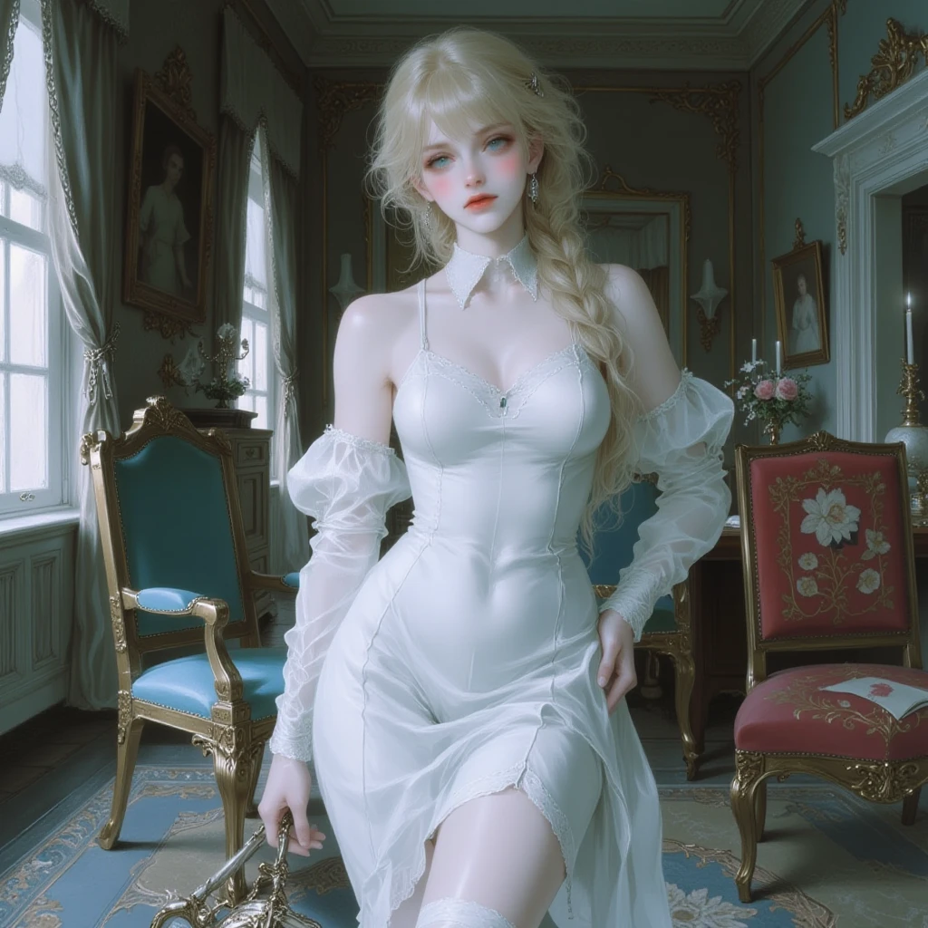 (girl standing on the balcony of the palace)girl portrait photography, realistic, High resolution, 1 female, alone, Upper body, beautiful eyes, Close your lips, detailed face, gray hair, long hair, (off-the-shoulder white lace dress) , stockings,(night sky full of stars)portrait、School、bright look,(shortcut、bob hair)、young shiny glossy white shiny skin、the best beauty、blonde reflection、Silvery white hair with dazzling highlights、shiny bright hair,、super long straight hair、Shining beautiful bangs、Sparkling crystal clear charming big blue eyes、very beautiful lovely cute 16 year old girl、With slit、((I could see the whole body))、beautiful face、white dress