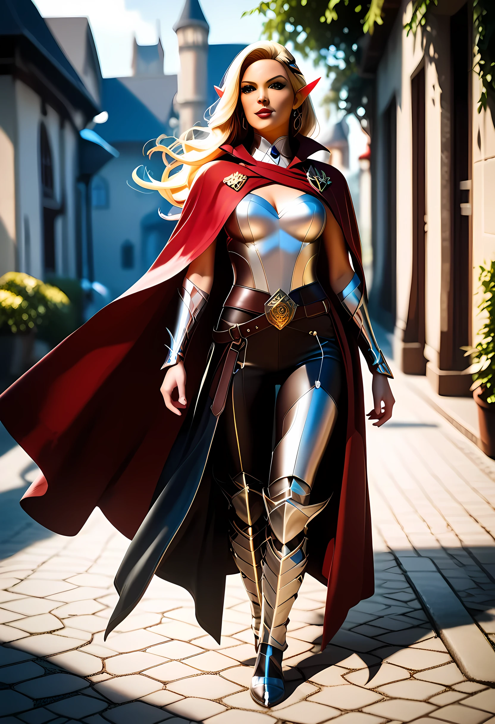 a black and white 1940s snapshot picture of a female elf, fantasy swashbuckler, fantasy fencer, armed with a slim sword, metallic shine, colorful clothes, full body, epic beautiful female elf, blond hair, long hair, billowing hair, small pointed ears, wearing  cloak, long cloak, (red cloak: 1.3) wearing elven leather shirt, sense of daring, sense of adventure fantasy street, high details, best quality, 16k, [ultra detailed], masterpiece, best quality, (extremely detailed), dynamic angle, ultra wide shot, photorealistic, RAW, fantasy art, realistic art,((best quality)), ((masterpiece)), (detailed), perfect face, fantasy, light and shadows by reij-shdwgms