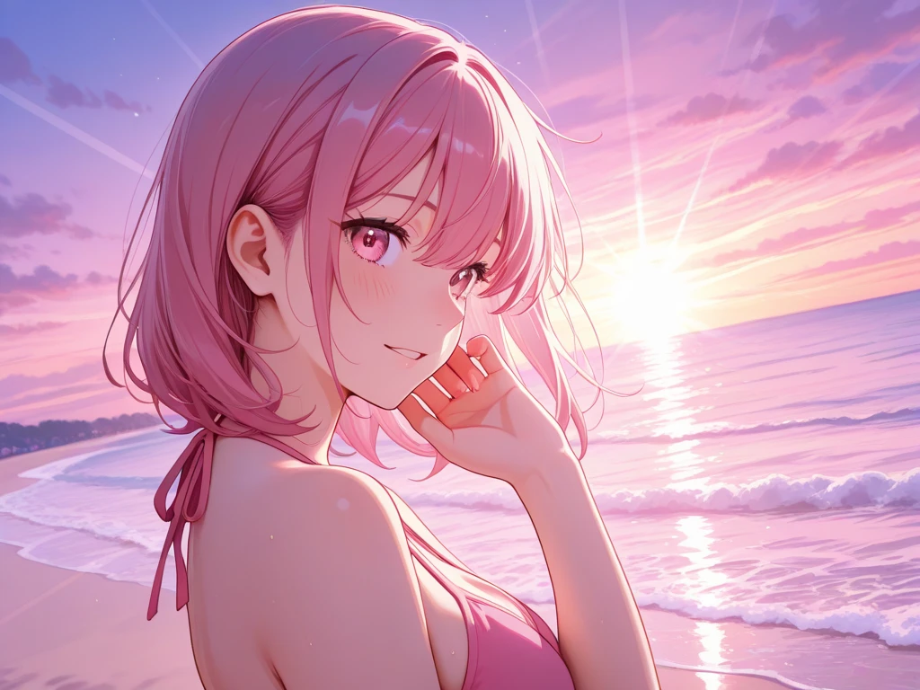 onegirl、neatnessgirl、beautifulgirl、Bikini、beach、Summer、Bikini、beautifulBikini、neatnessBikini、smile、beautiful、beautifulneatnessgirl、Sea、beautifulbeach, standing, afternoon and evening middle time, pink and orange sky, clouds ocean 