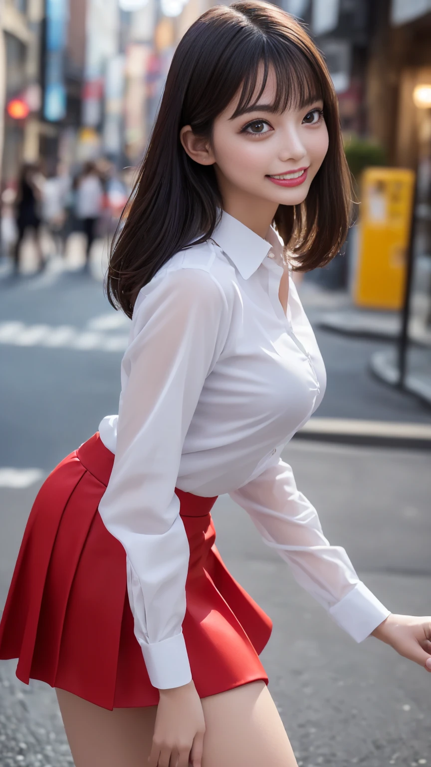 One girl whose panties are visible、blush、embarrassed look、perfect anatomy、short bob、small breasts、(((Tight business shirt:1.3、skirt、black knee socks)))、((hair tousled by the wind、messy hair、broken hairstyle))、(((風でskirtがめくれる:1.3、red panties、cute ass)))、focus on the butt、professional lighting, film grain, chromatic aberration, (Eye and face details:1.0), (Bokeh:1.1)、software:1.5)))、 highest quality, 8k, 20talent