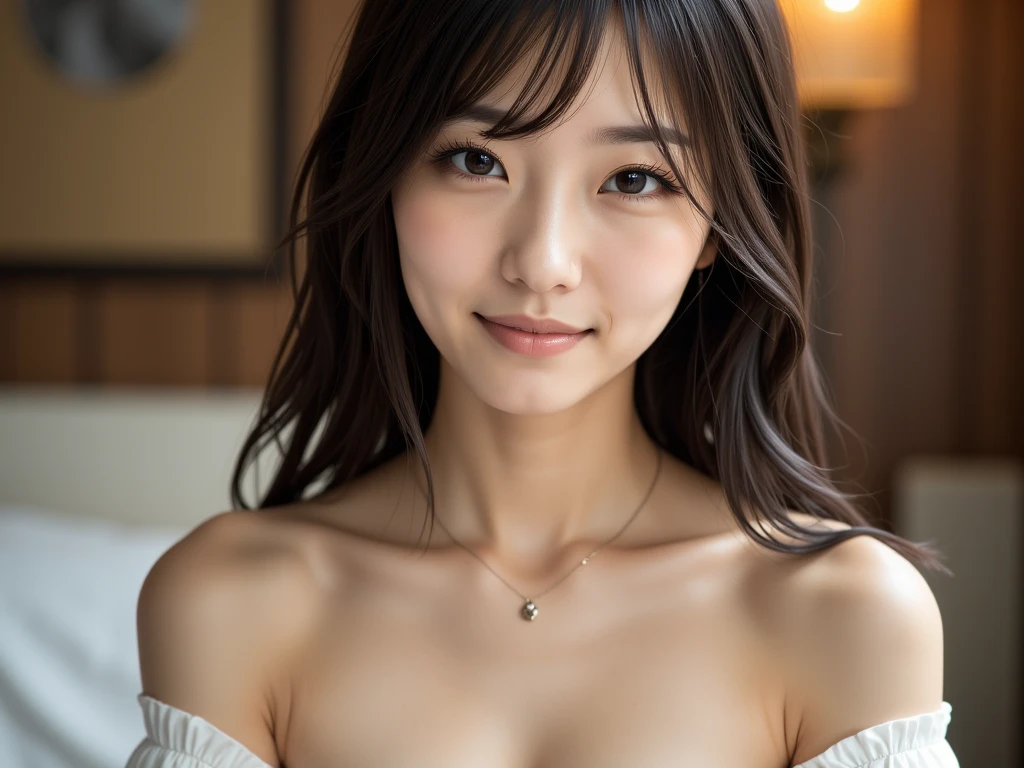 solo, Japanese woman, H cup, cool, erotic, model's expression, porn star, black straight hair, straight bangs, oval face, large round dark eyes, small well-shaped nose, small full lips, warm smile, thin neat eyebrows, clean and approachable aura,