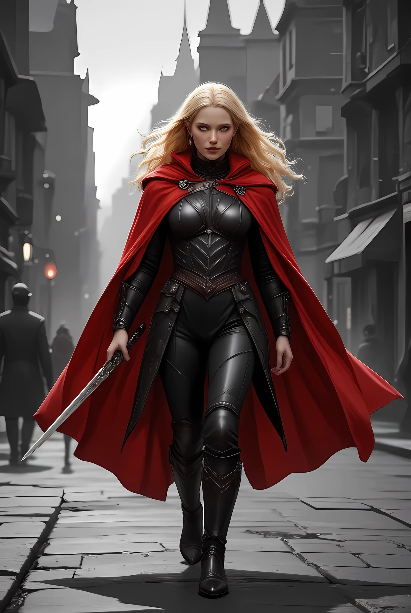 a black and white 1940s snapshot picture of a female elf, fantasy swashbuckler, fantasy fencer, armed with a slim sword, metallic shine, colorful clothes, full body, epic beautiful female elf, blond hair, long hair, billowing hair, small pointed ears, wearing  cloak, long cloak, (red cloak: 1.3) wearing elven leather armor, sense of daring, sense of adventure fantasy street, high details, best quality, 16k, [ultra detailed], masterpiece, best quality, (extremely detailed), dynamic angle, ultra wide shot, photorealistic, RAW, fantasy art, realistic art,((best quality)), ((masterpiece)), (detailed), perfect face, fantasy, Irelia