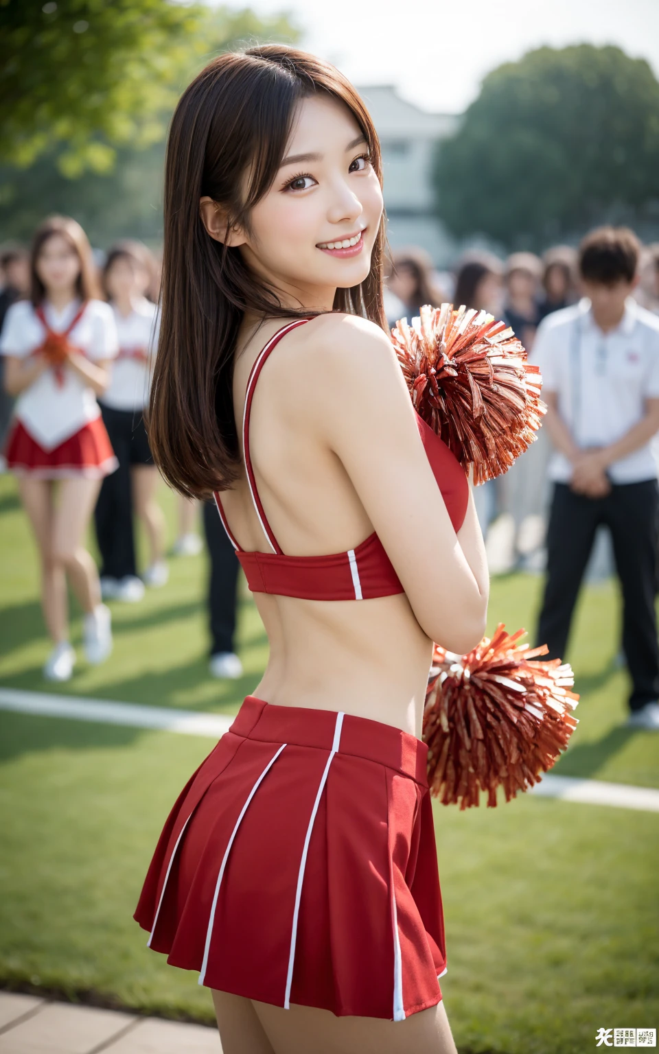 Panties visible through the skirt, (Japan Cheerleaders:1.3), gros-plan, Photo, Big breasts, (12year old), Young face, Pretty Face, Raw photo, Best Quality, High resolution, (masutepiece), (Photorealistic:1.37), Professional Photography, Sharp Focus, nffsw, 8K resolution, Intricate details, depth of fields, Highly detailed CG Unity 8k wallpaper, Front light, NSFW, femele, girl, beautiful supermodel, Smile, slender, (Vibrant poses:1.3), Back view, thighs thighs thighs thighs, (poneyTail, scrunchie:1.3), Long, Taken from the ground