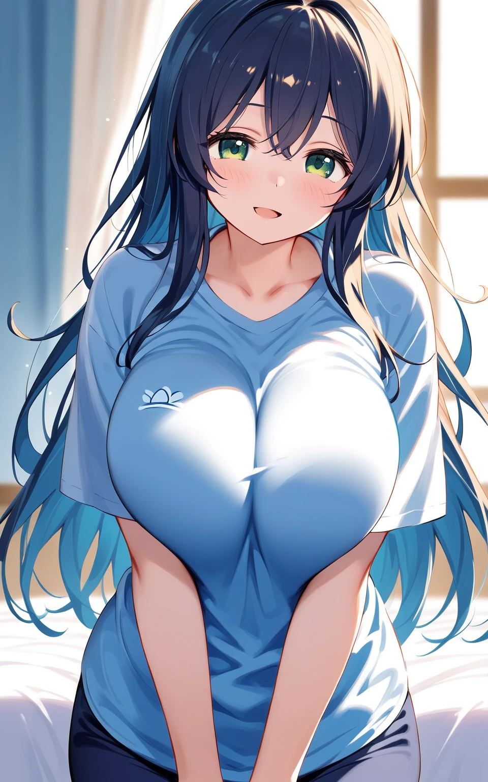 ((masterpiece)), ((best quality)), nsfw, 1boy, 1girl, hetero, intercourse with a man, yukihana lamy, hololive, blue hair, yellow eyes, long hair, hair between eyes, heart ahoge, pointy ears, high ponytail, (((huge breasts))), cleavage, navel, pussy, pussy juice, indoors, gym, sweat, smile, white shirt, t-shirt, shirt lift, lift by self, breasts out, sex, pov, penis, cum, girl on top, straddling, cowgirl position, nude,