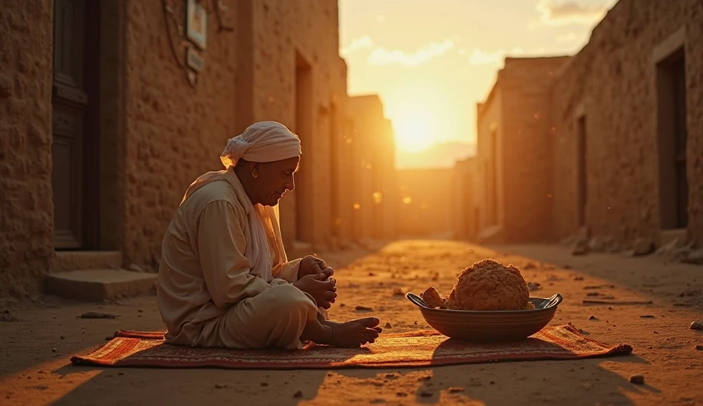An old woman sitting on the way to the mosque is putting pin poo on the road. The scene will be Arabian atmosphere.
There will be palm trees and small stones along the road.
Baluka Rashi all around, a mosque can be seen in the distance.