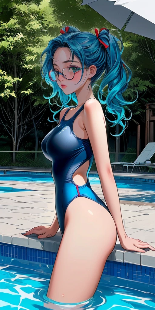 a beautiful sexy woman with a swimsuit on a street eskate with very fine finishes and beautiful illustration style colors