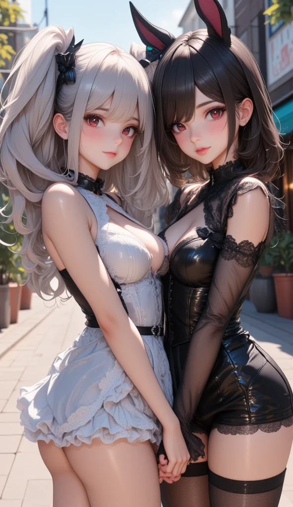 ((High quality)),masutepiece,(Detailed depiction of local details:1.2),1girl in,blue eyes,Plump breasts,Enchanted Valley,Closed mouth,Eyelashes,Portrait,solo,White hair,black theme,Short hair,Silver hair,yorha no. 2 Type B,(((White hair and black hair)))、Full body view、((Two girls dressed similarly))((裸の2人))((Two people smiling))((Light skin and dark skin))(((Black Hair、Dark Skin、Woman in Black Dress)))((white thong))((black thong))Stick your butt out ((Two people who kiss with their tongues)) ((Two people intertwined in a double bed))