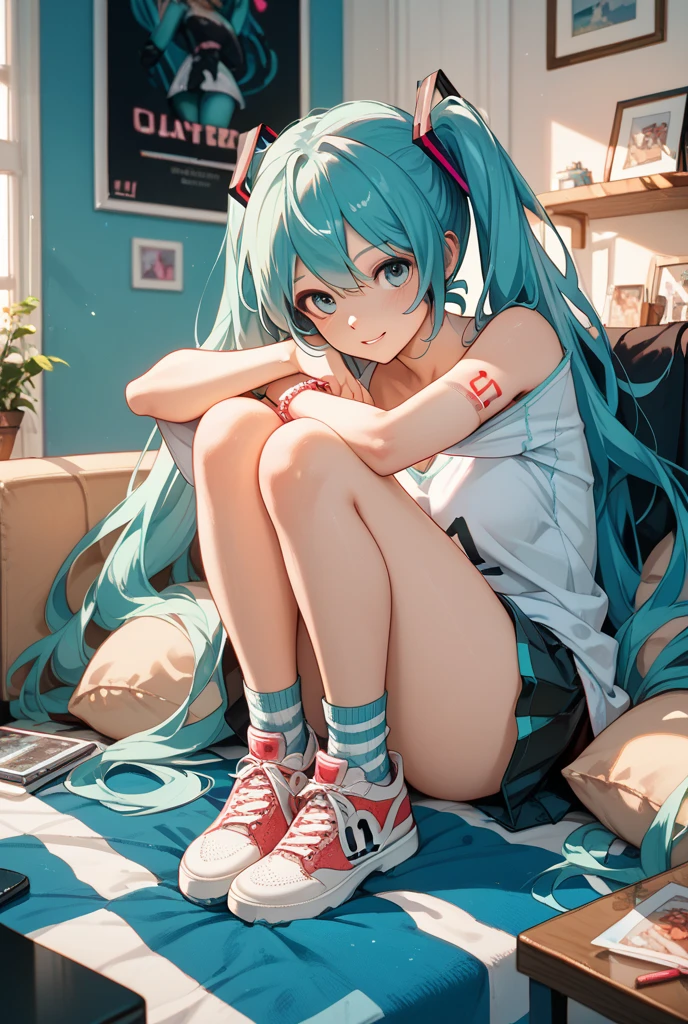 Cute pastel shades, wearing socks, full body shot, Far-reaching, cute lo-fi girl sitting in front of computer in cozy messy room, Unreal Engine 5 rendering, gorgeous lighting, 8K Rendering, realistic landscape rendering.