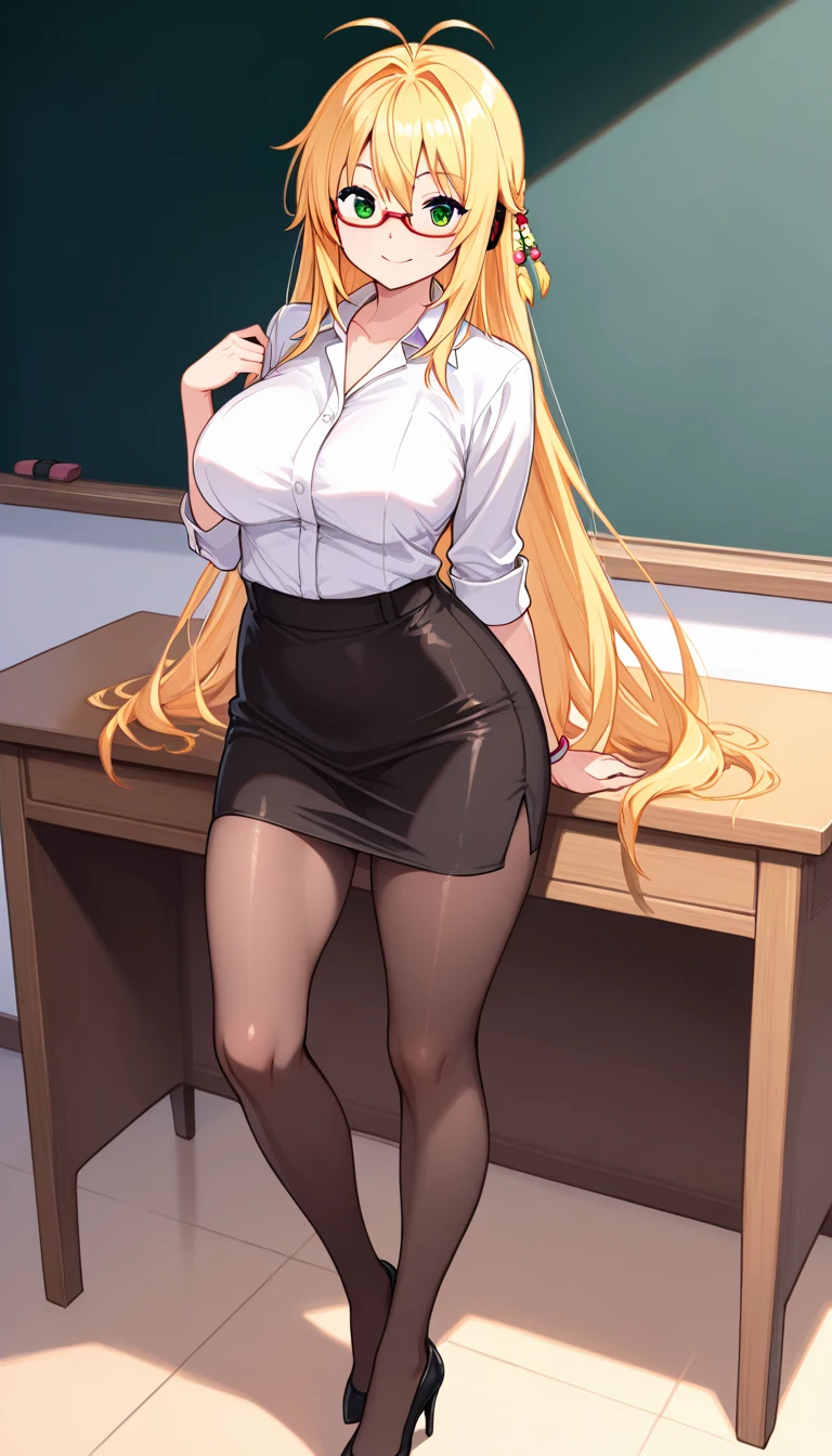 ((Best Quality)), ((Masterpiece)), Long Pencil Skirt, Shirt, Puffy Nipple, Full Body, Squat, Blonde, Pin Heels, Crotch Open, Garter Belt, Teacher