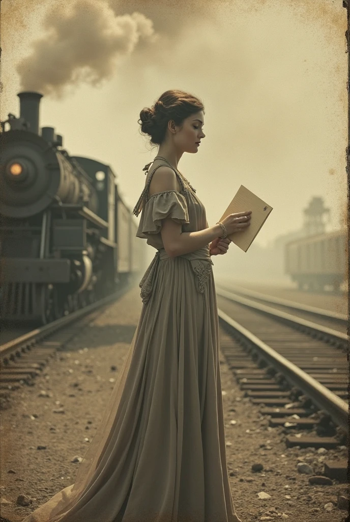 Old photograph of a woman holding a letter near an old train station, wearing a 1920s dress and hairstyle, blurred steam from a departing train, monochrome with yellowing edges.