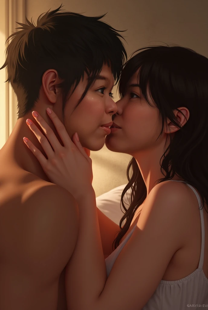 a beautiful busty mother, teenage daugther, romantic moment, tender love, kiss in her lips, highly detailed, 8k