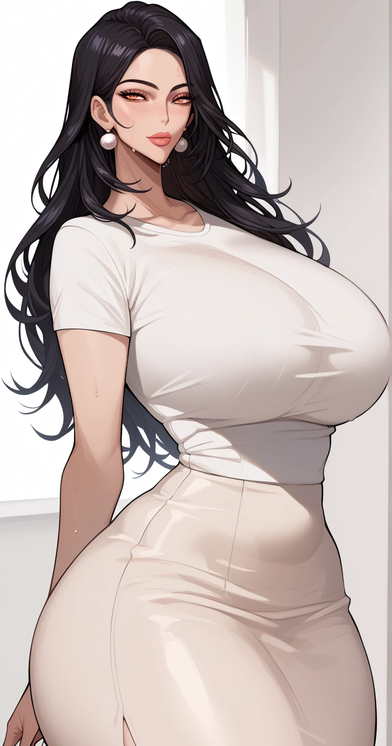 1 Girl，solo，long hair，breast，See viewers，大breast，Simple background，White background，dress，Cleavage，Jewelry，Very long hair，站li，earrings，Parted lips，Cutting clothes，Cleavage剪开，Wide hips，箍earrings