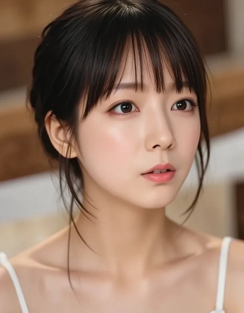 a closeup, masterpiece, top-quality, Raw foto, Photorealsitic, (looking up at camera)、unbelievable Ridiculous, beautiful a girl, poneyTail、middlebreasts, Pink lace underwear、Puffing out cheeks angrily、Hands on hips、depth of fields, hight resolution, ultra-detailliert, finely detail, ighly detailed, extremely detailed eye and face, Sharp pupils, foco nítido, Cinematic lighting