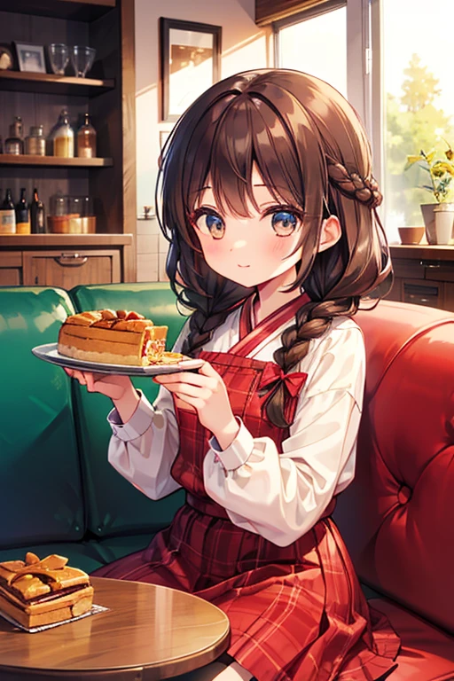 Beautiful girl with brown hair eating pie in a table , in the bright cottage kitchen room, hanging lights,ivy、