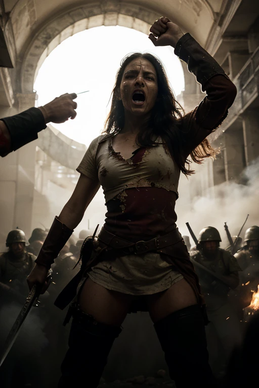 A beautiful woman being punished by a group of men in an underground dungeon, The lascivious glances of several men, being ????? from behind by men, Extremely detailed body, extremely detailed face, expression of pain, tattered clothes