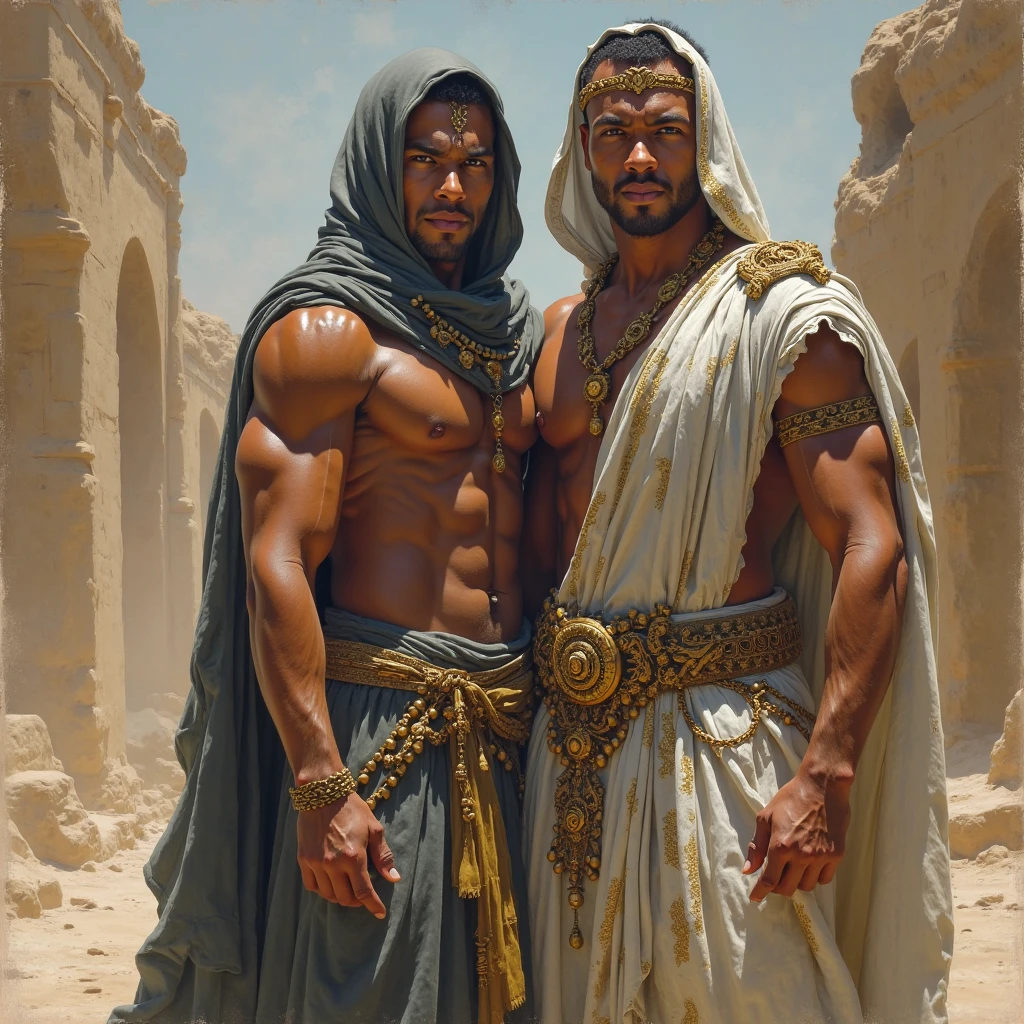 1 naked arab man with his groan close blond man´s  gluteous  baroque painting+muslim_art fullbody portrait, an arabian prince, cinnamon skin green eyes, wavy black hair, thin face, slender toned body, body hair, beautiful face, next to a young viking, blond, blue eyes, muscular beautiful face, strong, masculine perfect proportions, white skin innocent look, ((both men naked shirtless pantless barefoot)) in the mesopotamian desert in the night dynamic movement composition in the background dunes, tents, stars,, south cruce so romantic
