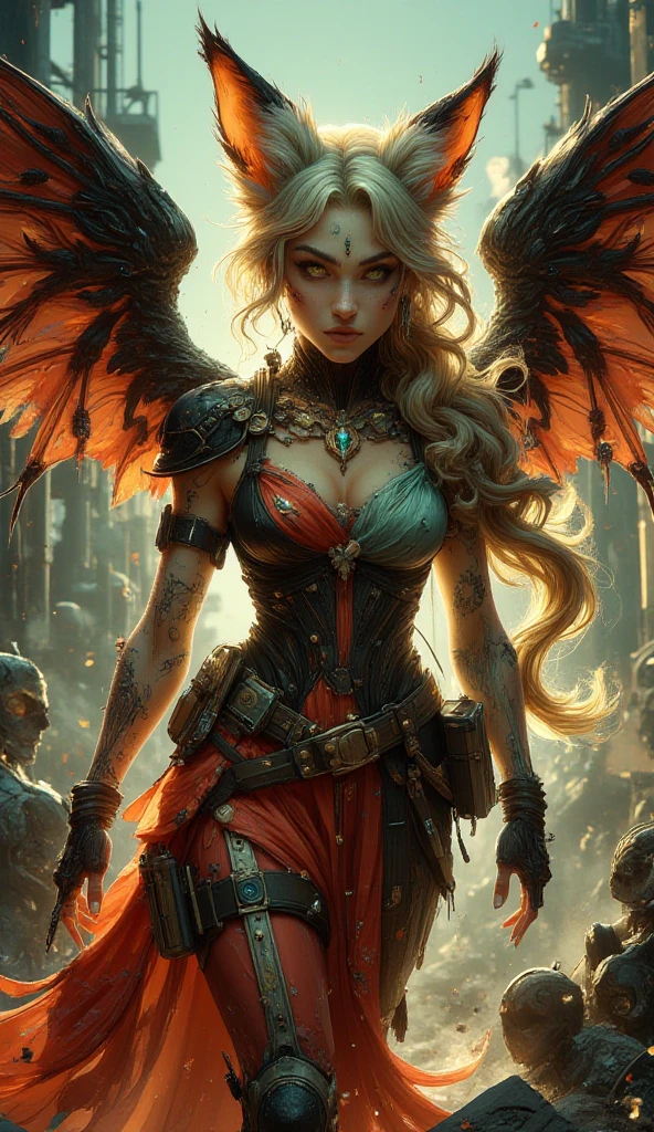 (masterpiece, highest quality, beautiful and aesthetic:1.4), ((fractal art:1.4)), chaotic medieval world:1.5, Swirling flames:1.3, A lot of lightning:1.3, fire and flame:1.3, ((perfect dynamic composition:1.4, Detailed tattoos on the whole body:1.4, Wearing detailed body jewelry:1.4)), Highly detailed skin and facial textures:1.4, (big golden wings:1.4 Cute and sexy fallen angel:1.4), prisoner of war, slave, tiara, Fair skin, (Correctly wear heavily torn clothes off-shoulder:1.4), Huge breasts that are about to burst, Do not show areola, big chest gap, (The expression on your face when you feel intense caress, Facial expression when feeling pleasure), Eyes that feel beautiful eros, sexy face, (Too erotic and cute:0.9, Bewitching:0.9), ((torture:1.4, Lots of chains:1.4, countless chains tangled in clothes:1.4, chain the right arm:1.4, chain the left arm:1.4, Bind the right leg with shackles and chains:1.4, Bind the left leg with shackles and chains:1.4)), super long blonde curly hair, desolate ruins, crumbling ruins