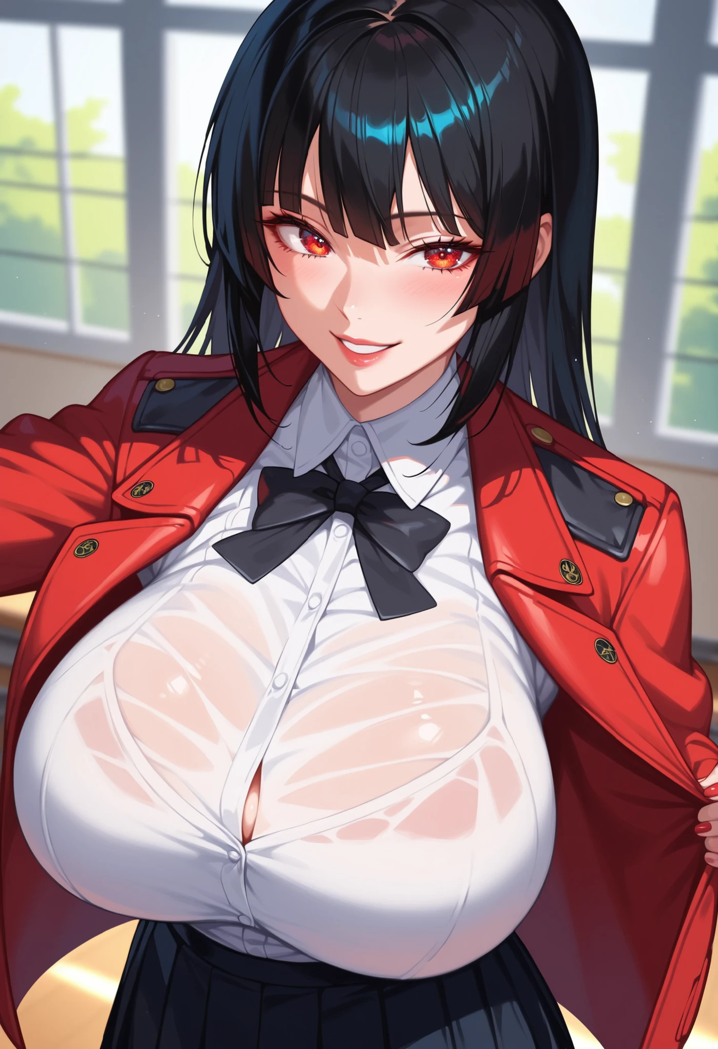 (master piece, best quality, anime, detailed, absurd:1.2), Japanese woman, high school girl, Jabami Yumeko, beautiful character design, Beautiful Skin, long black hair, straight hair, short bang, beautiful detailed depiction of eyes, expressive eyes,red eyes, High Sexual Desire , I like being lewd , Fearless Smile, (uniform, red jacket, Black Pantyhose, white shirt is open, Black Ribbon, pleated skirt, long sleeve), (huge breasts:1.1), (cowboy shot), In the classroom, orbital space