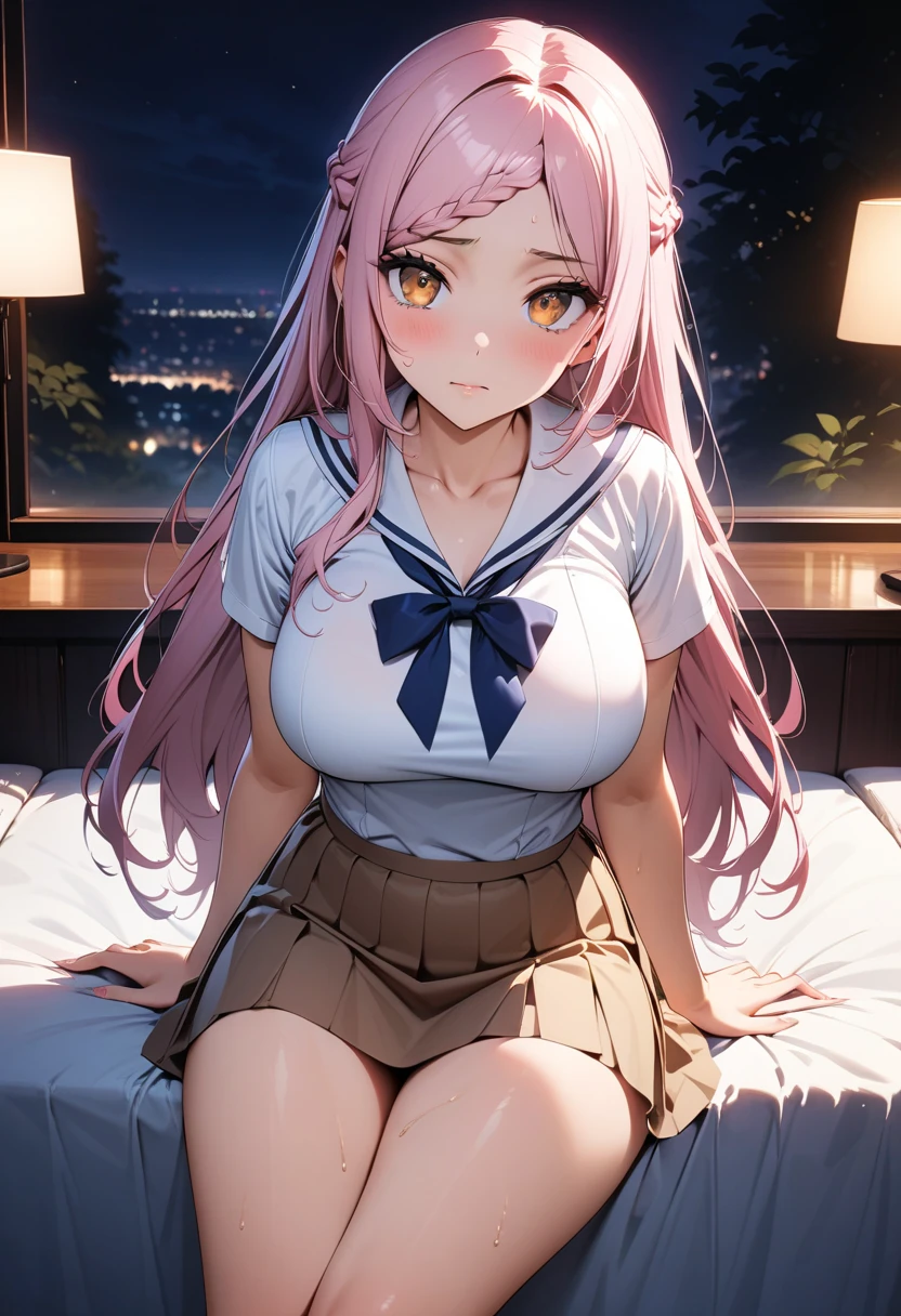 Beautiful illustration、top-quality、Cute little girl s、Bedroom、A pink-haired、length hair、(((Pink pleated skirt)))、(((pink sailor suit)))、shortsleeves、Colossal tits、a navel、Flipping up the skirt with your hands、Show white panties、Pull up your skirt and show your panties、bare-legged、blue eyess、on the beds、lovely thighs、glowing thigh、Floating hair