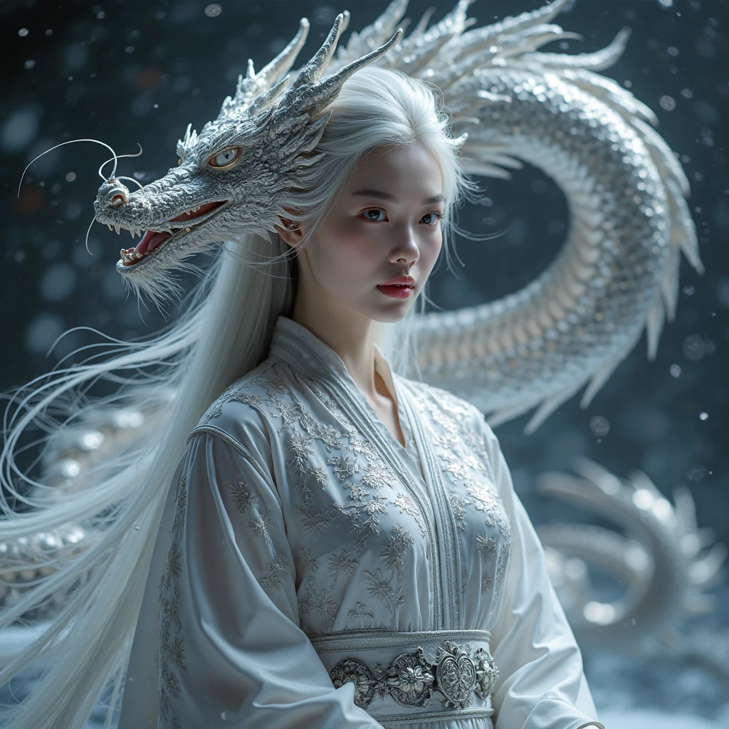 Cirilla Fiona Elen Riannon,动态照明,art stations,poster for,Volumetriclighting,Very detailed faces,4k wallpapers,He has a delicate and beautiful face,long hair flowing,horse tailed,Fringed Hair Ornament,Dynamic perspective,White Hanfu,White gauze flying,red waistband,Sexy,Tradition Chinese Ink Painting,Surrounded by clouds,fog atmosphere,Ride a white dragon,White dragon horn,dynamic viewing angle,电影灯光
