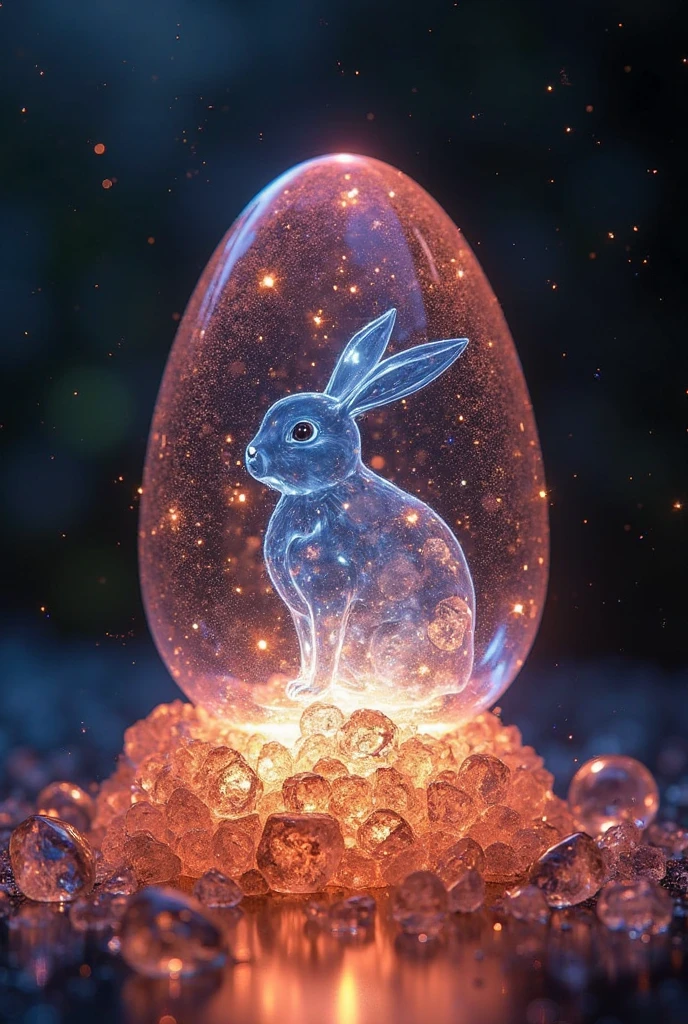 hologram, glowing transparent easter egg, levitating, hovering, diffuse reflection, multiple laser beams, tiny crystals surrounding, masterpiece, high quality, super detailed