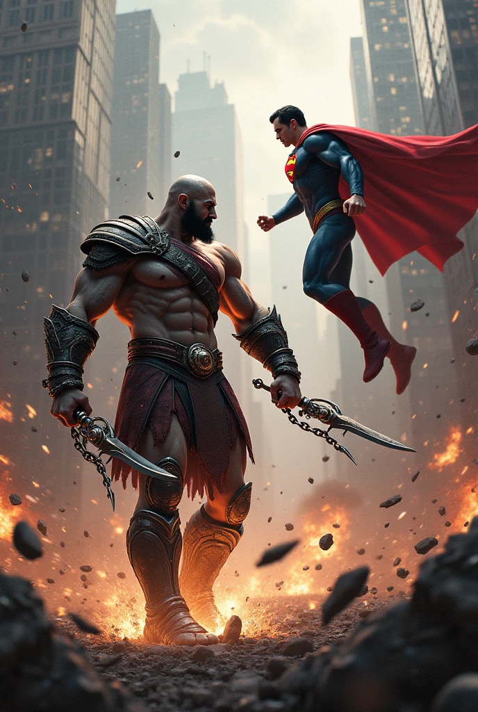 Very strong Kratos fighting with Superman in a city.