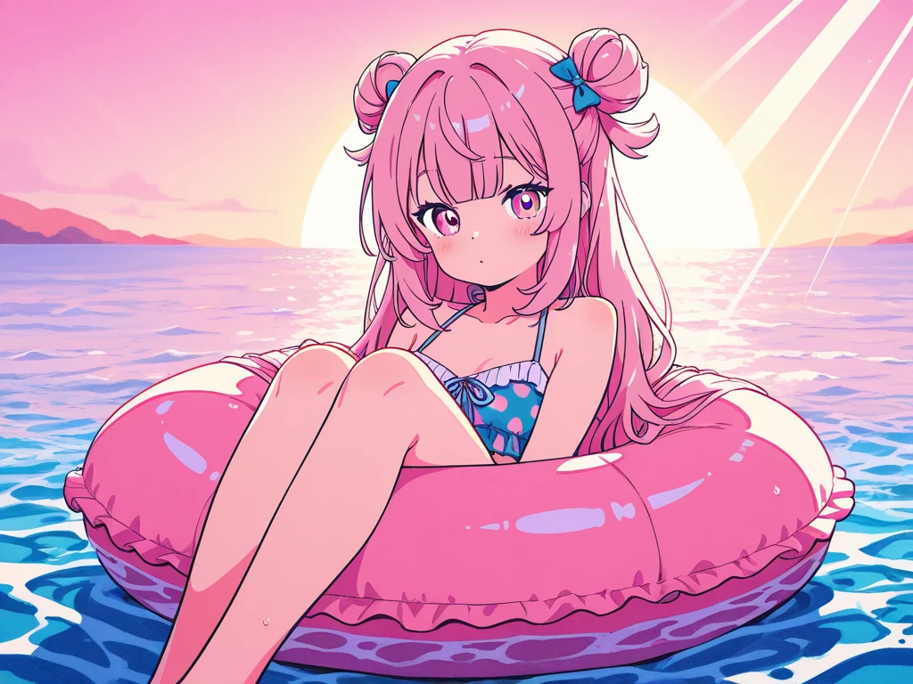 (masterpiece), best quality, expressive eyes, perfect face, Pink and Black One-piece swimsuit, Looking at viewer, Pull, Red Ponytail hair, Vibrant, A Tall Woman, Beach, Thigh Highs