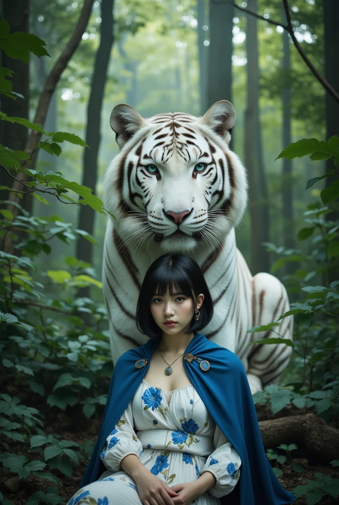 girl and white tiger , reflective scale , bird mountain brightness , extreme closeups , wide angle ,16K, light and shadow effects , masterpiece , ultra - high quality -- ar 3:4-- s 400