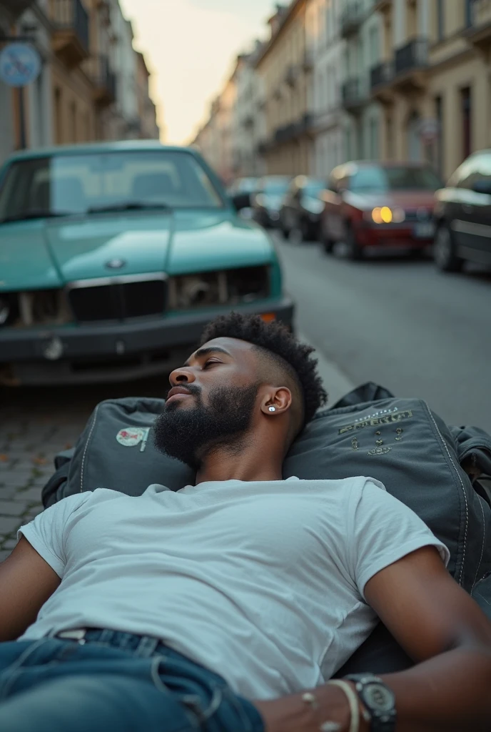 A dark-skinned man sleeping on a 4-runner
