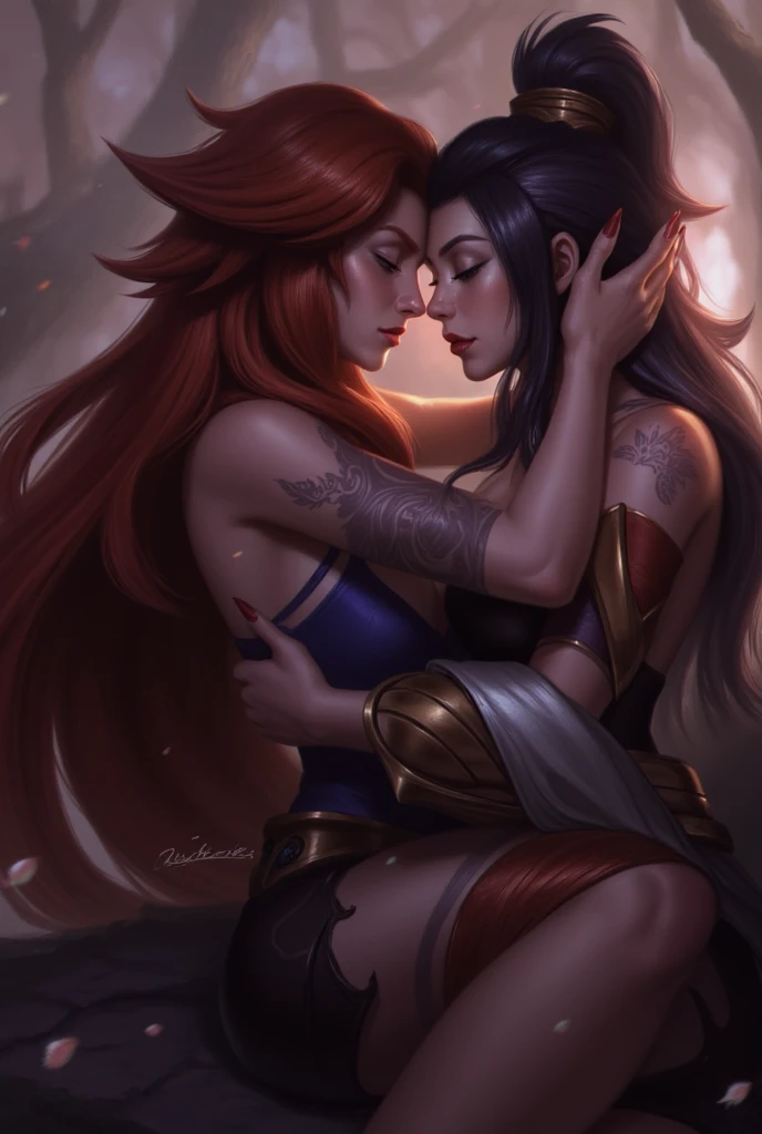 Vi de l'univers de league of legend embrassant caitlyn du même univers. Leurs corps sont collées ,elles ferment les yeux la scene est romantique, entre et la lumière est douce