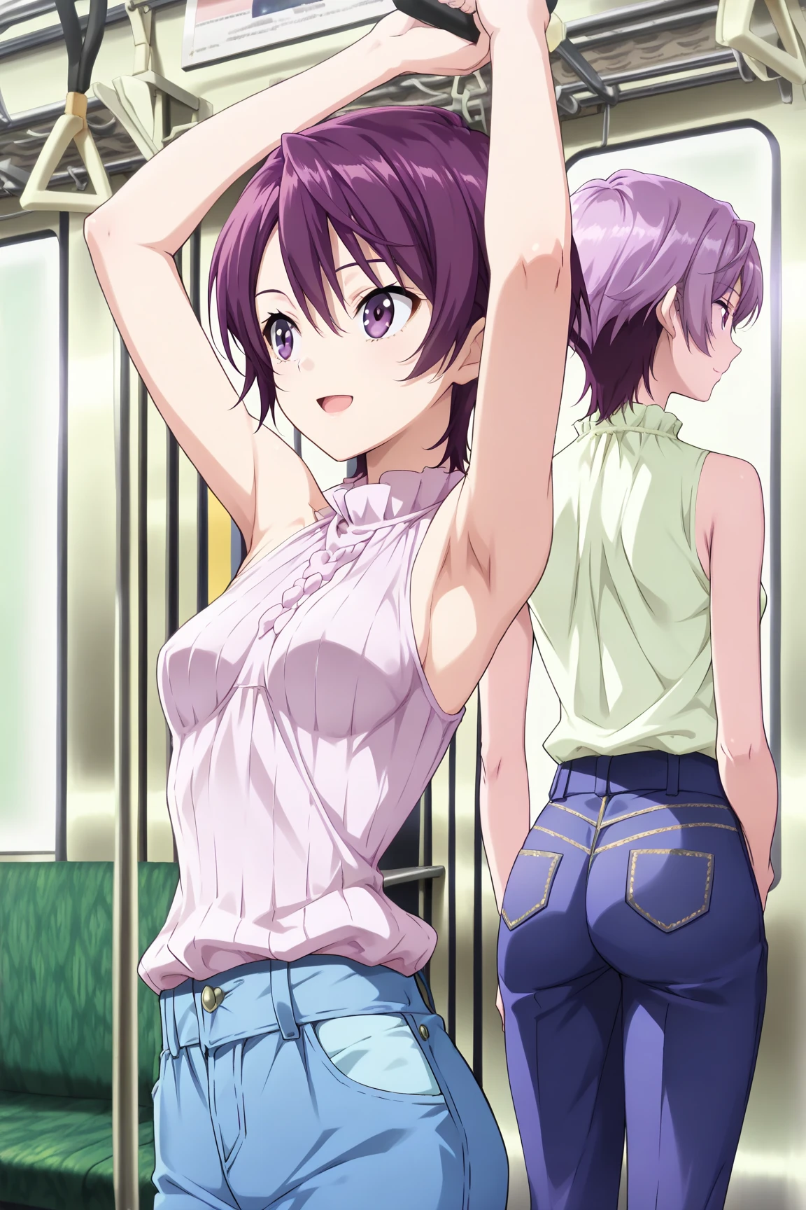 asakura_yume,Brown Hair,Normal chest,Aqua Eye,White skin,(((locker room))),((Are standing)),((Bust up shot)),((bikini)),nsfw, (((((In the middle of putting on a swimsuit bra))))),((No bra)),((topless)),((Nipples)),smile,Open your mouth,